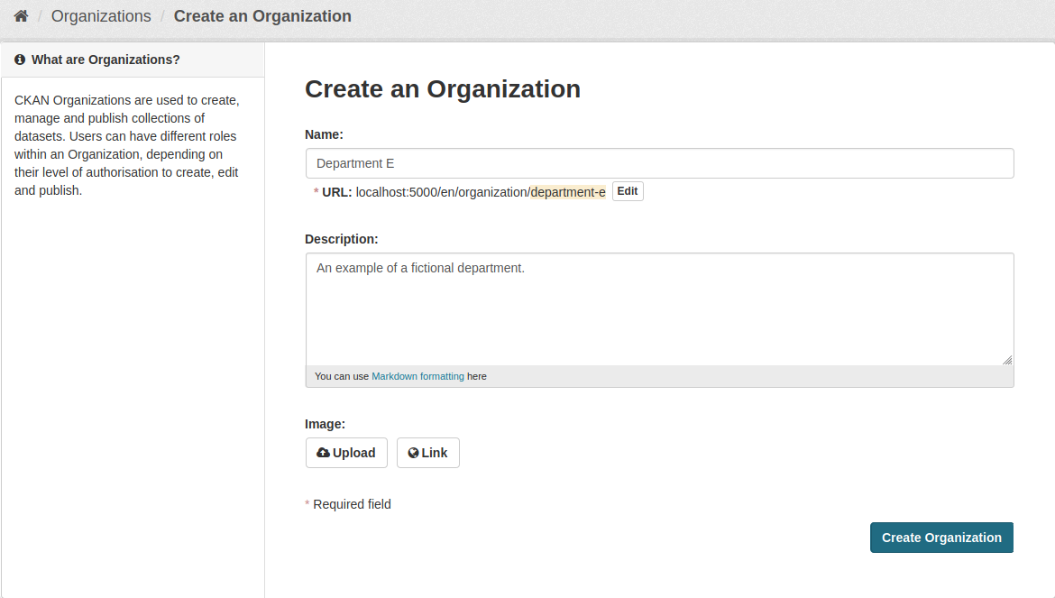 Create an Organization: Name, Description, Image