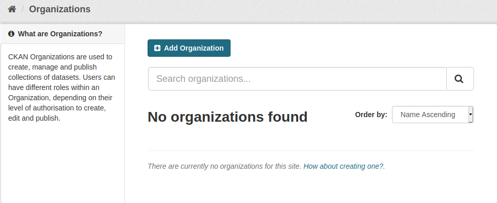 Organizations: Add Organization, search organizations, No organizations found
