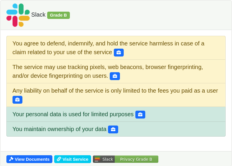 A screenshot of ToS;DR's terms of service grade for Slack.