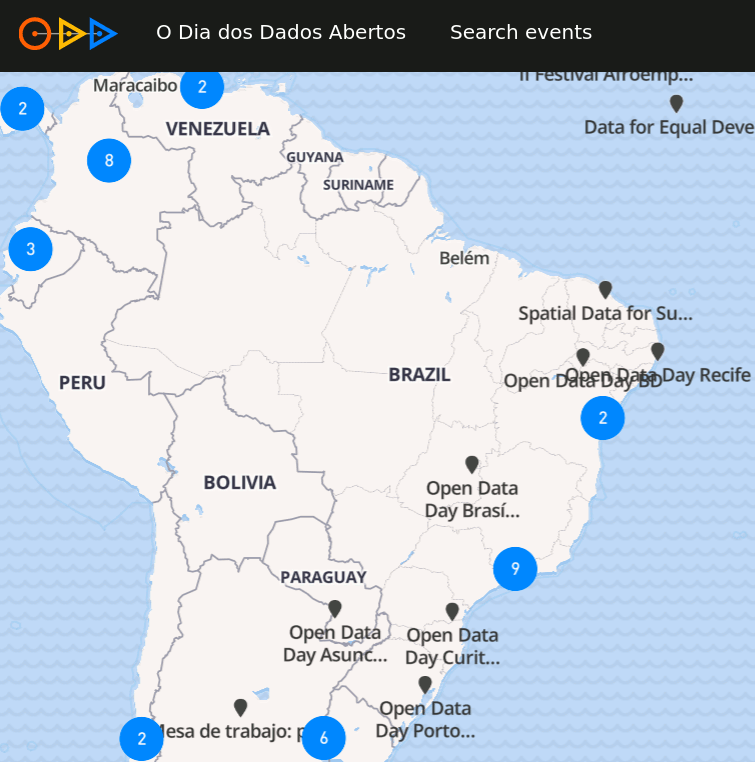 Mapa dos eventos do open data day em 2021, mostrando 15 marcações no Brasil.