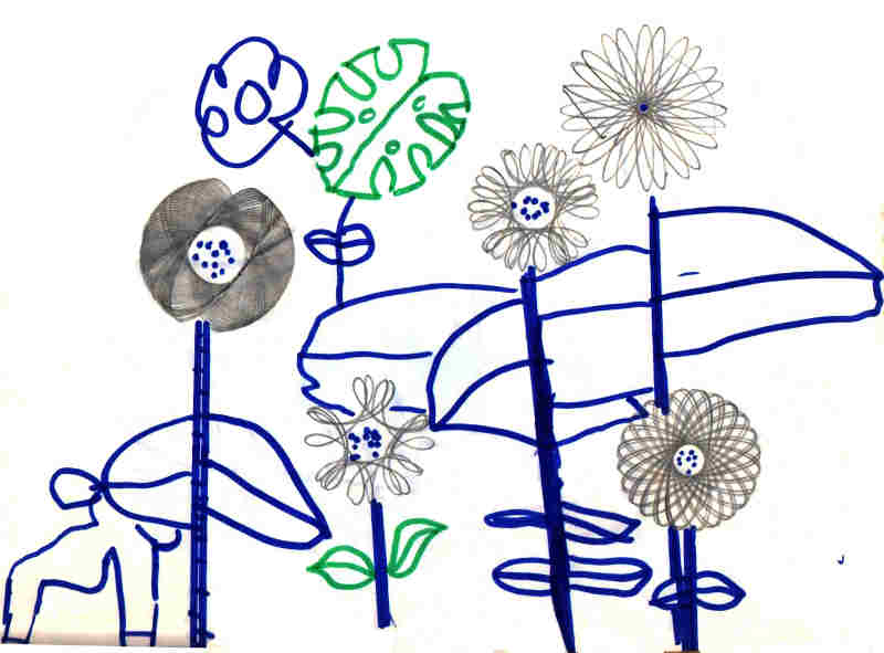 Illustration of a garden done using a spirograph.