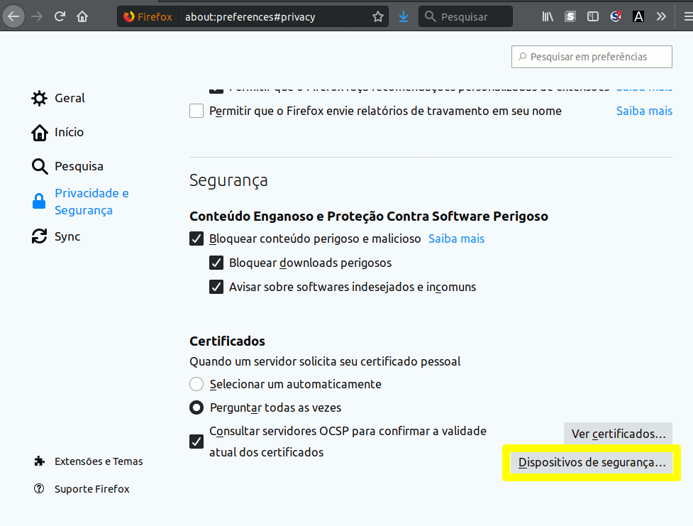 Screenshot of Firefox configuration, highlighting the option "security
devices"