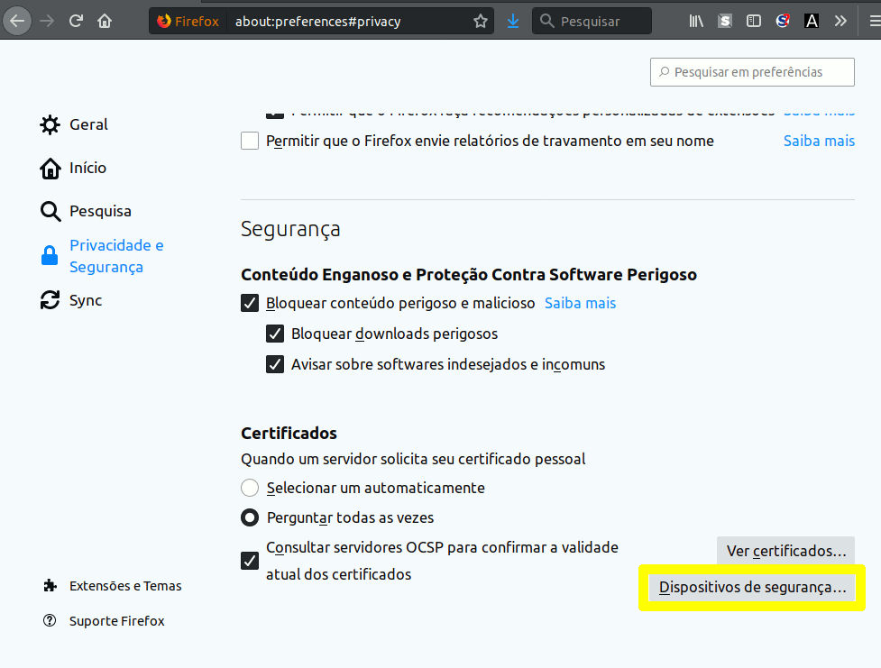 Imagem de tela de configurações do Firefox, salientando a opção "dispositivos
de segurança"