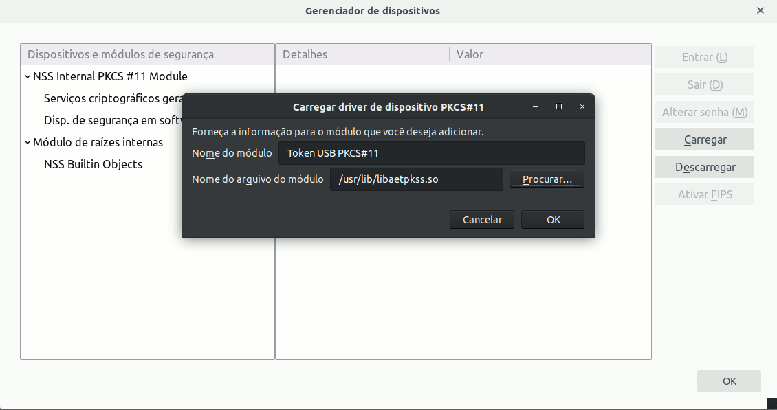 Screenshot of Firefox configuration, depicting the driver file selection