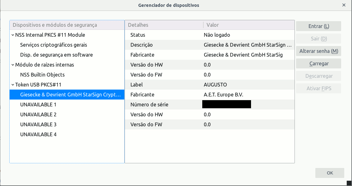 Imagem de tela de configurações do Firefox, mostrando o token instalado