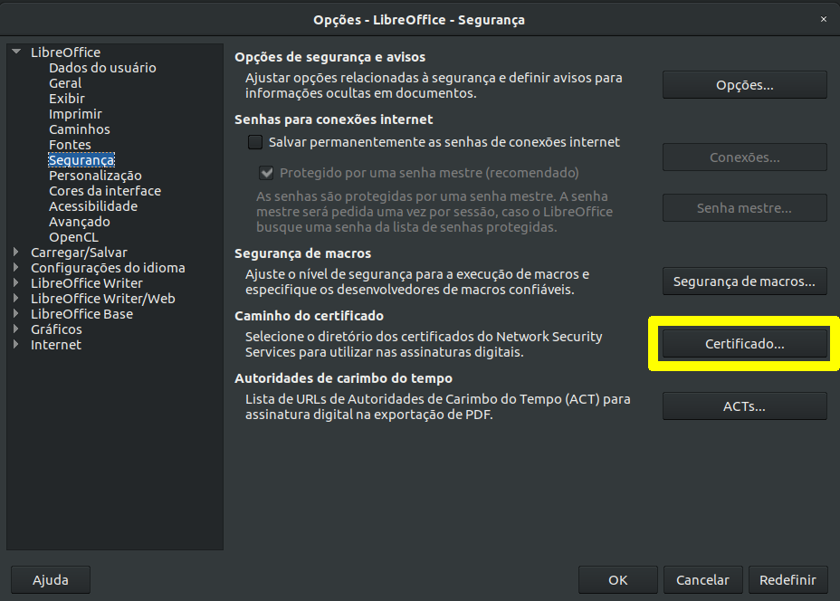 Screenshot of LibreOffice configuration, showing where to configure the
certificate, in the section "security".