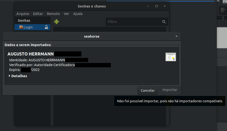 Ilustração do bug no Seahorse 3.20.0. É exibida a mensagem "não foi possível
importar, pois não há importadores compatíveis".