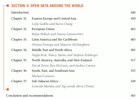 SECTION 4: OPEN DATA AROUND THE WORLD Introduction Chapter 31.Eastern Europe and Central Asia Lejla Sadiku and Yaera Chung Chapter 32.European Union Rufus Pollock and Danny Lämmerhirt Chapter 33.Latin America and the Caribbean Silvana Fumega and Maurice McNaughton Chapter 34.Middle East and North Africa Nagla Rizk, Nancy Salem, and Stefanie Felsberger Chapter 35.North America, Australia, and New Zealand David Eaves, Ben McGuire, and Audrey Carson Chapter 36.South, East, and Southeast Asia Michael Canares Chapter 37.Sub-Saharan Africa Leonida Mutuku and Teg-wende Idriss (Tinto) Conclusion and recommendations