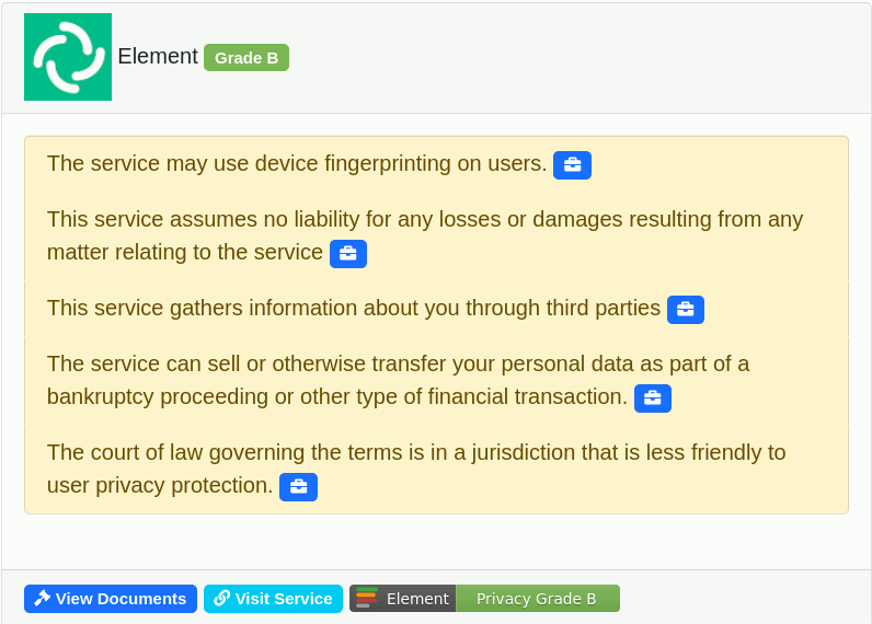 A screenshot of ToS;DR's grade for Element.