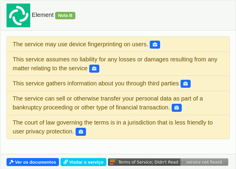 Uma imagem de tela da nota no ToS;DR's para o Element.