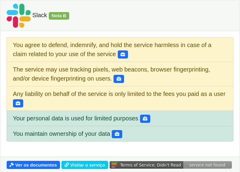 Uma imagem de tela da nota dos termos de serviço no ToS;DR's para o Slack.