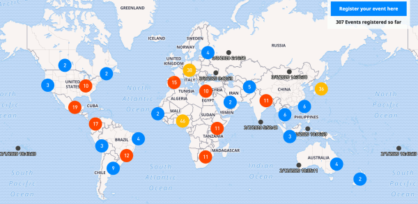 Mapa dos eventos do open data day em 2020, mostrando 15 marcadores no Brasil.