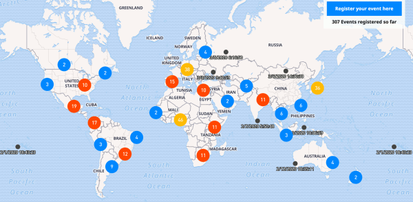 Map of the open data day events in 2020, showing 15 entries in Brazil.