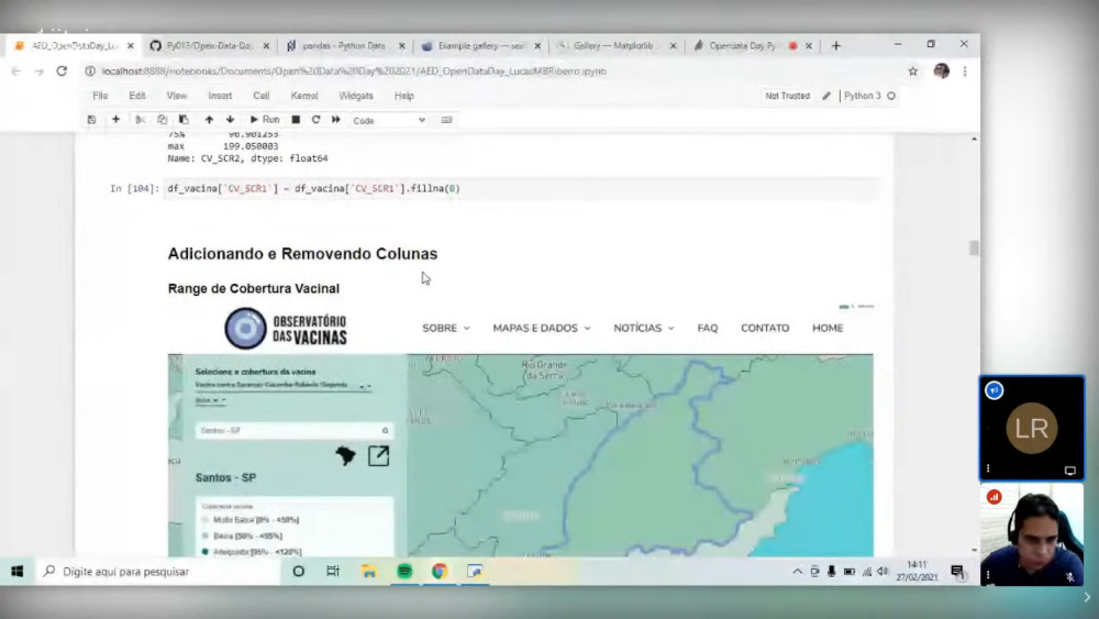 Oficina de dados de vacinação, pelo Py013, mostrando um caderno Jupyter com código.