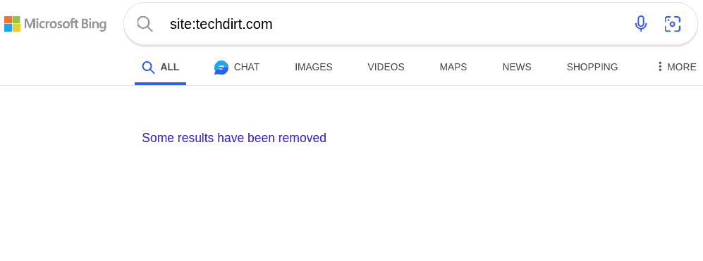 Screenshot of a Bing search for "site:techdirt.com". The results page says "some results have been removed".