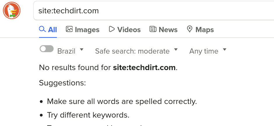 Screenshot of a DuckDuckGo search for "site:techdirt.com". No results found for site:techdirt.com