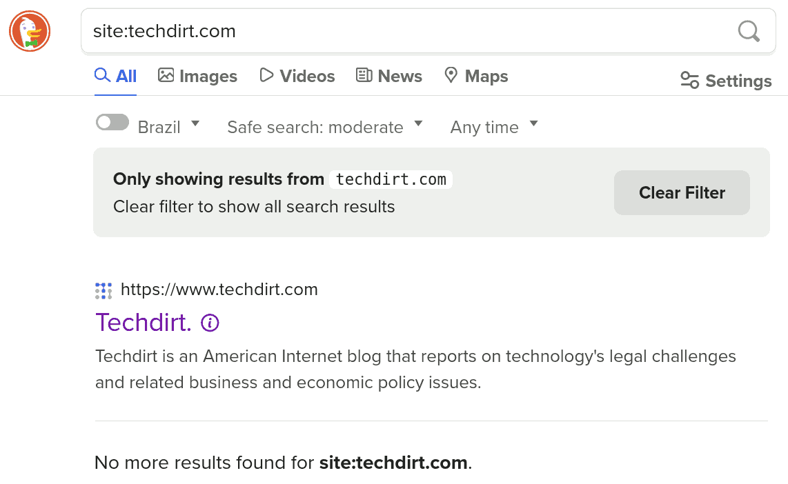Screenshot of a DuckDuckGo search for "site:techdirt.com". Only the main page appears.