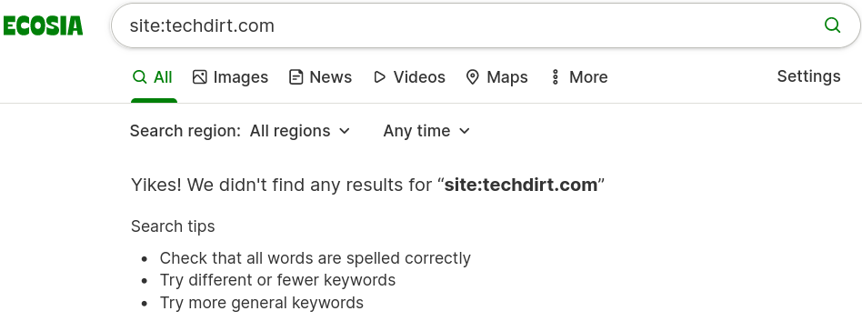 Screenshot of an Ecosia search for "site:techdirt.com". No results found for site:techdirt.com